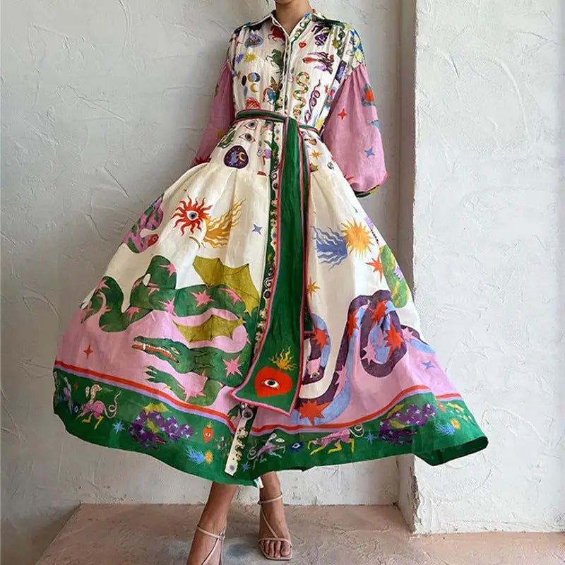 Print Holiday Women Beach Dress With Belts A-Line Long Lantern Sleeve Single Breasted Lapel Seaside Dresses Robe Beyond Trends Hub