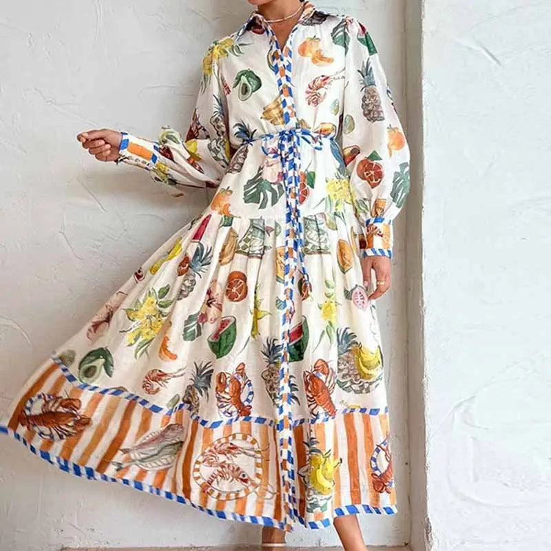 Print Holiday Women Beach Dress With Belts A-Line Long Lantern Sleeve Single Breasted Lapel Seaside Dresses Robe Beyond Trends Hub