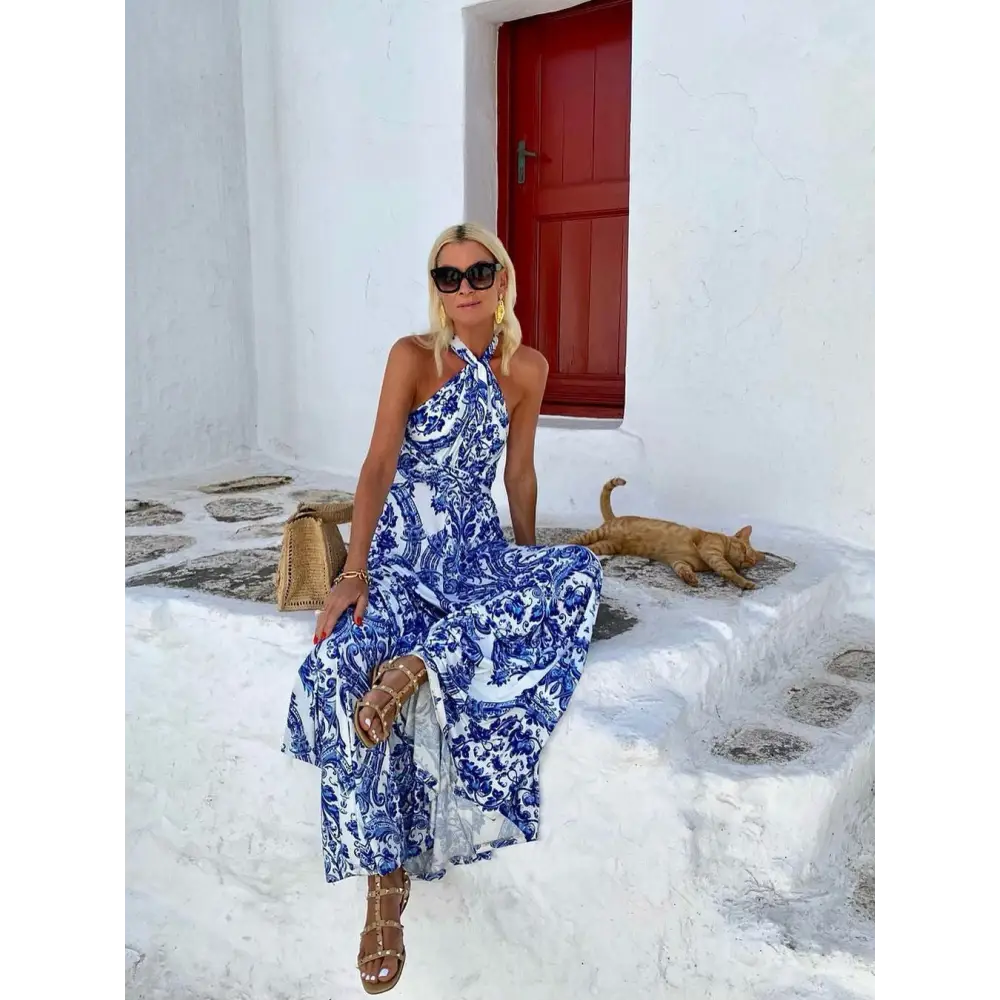 Blue and white floral maxi dress, perfect for summer, suitable for women’s fashion.