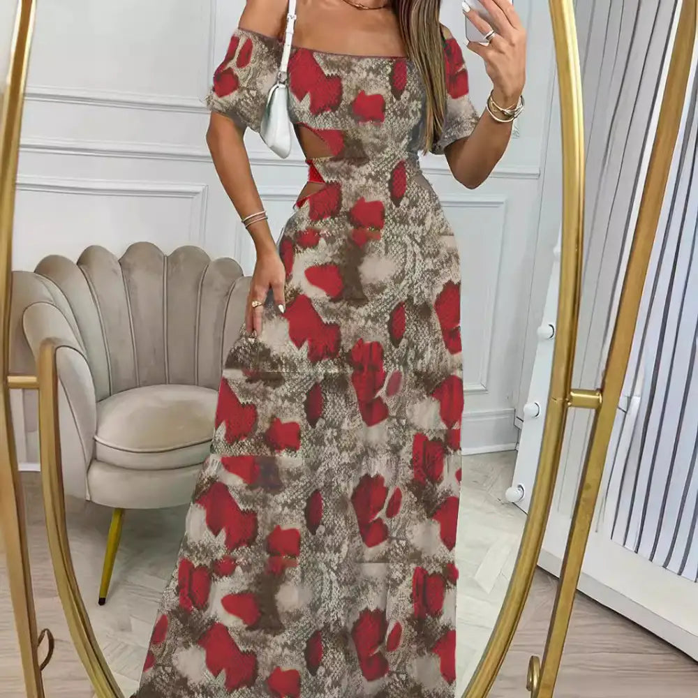 Printed One-line Collar Short-sleeved Long Dress With Hollow Waist Design Summer Vacation Dresses For Women Clothing Beyond Trends Hub