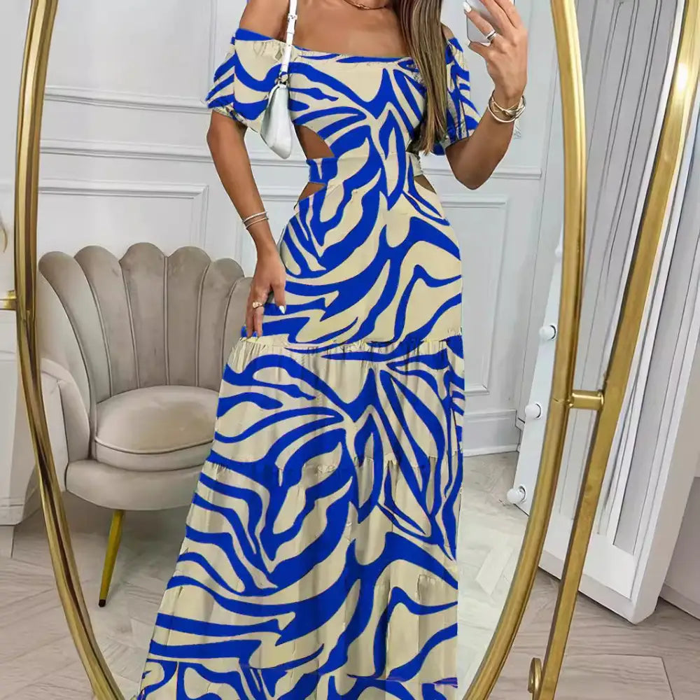 Printed One-line Collar Short-sleeved Long Dress With Hollow Waist Design Summer Vacation Dresses For Women Clothing Beyond Trends Hub