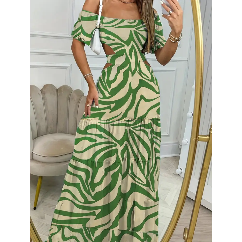 Printed One-line Collar Short-sleeved Long Dress With Hollow Waist Design Summer Vacation Dresses For Women Clothing Beyond Trends Hub