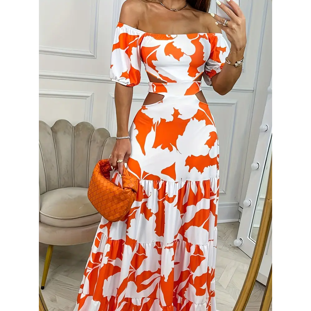 Printed One-line Collar Short-sleeved Long Dress With Hollow Waist Design Summer Vacation Dresses For Women Clothing Beyond Trends Hub