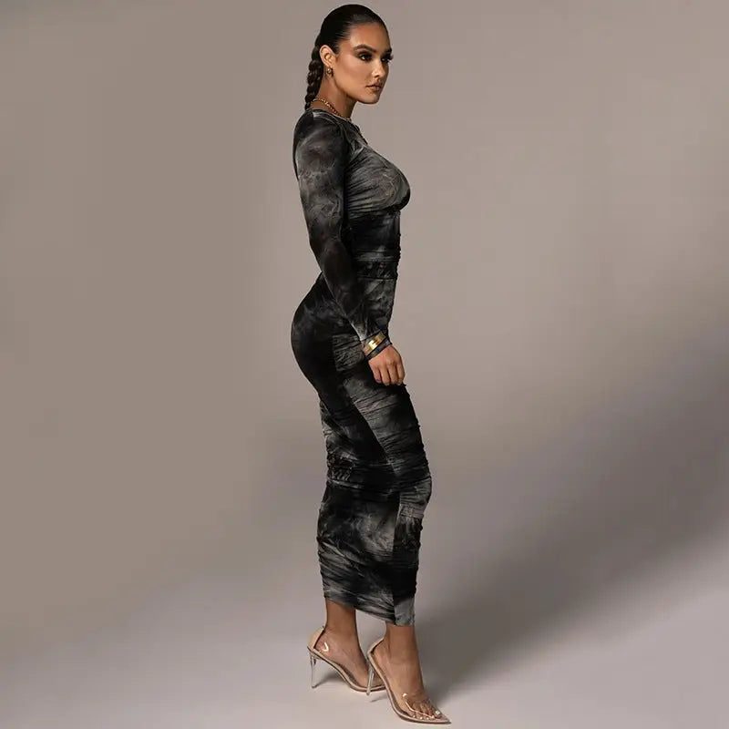 Printed Round Neck Dress Slim Slimming Hip Skirt Women