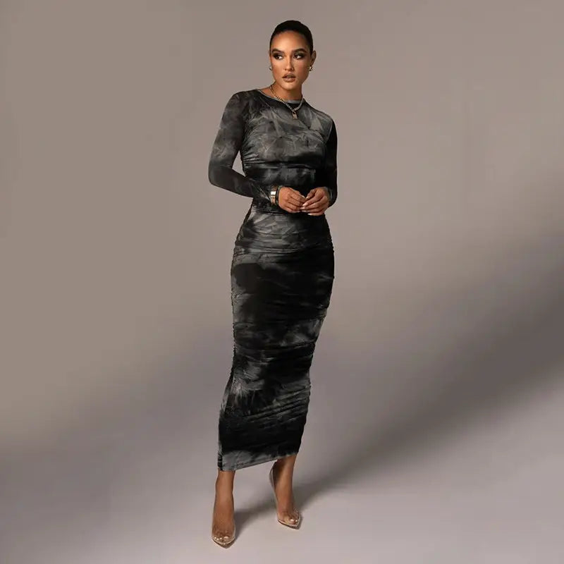 Printed Round Neck Dress Slim Slimming Hip Skirt Women - Black / M
