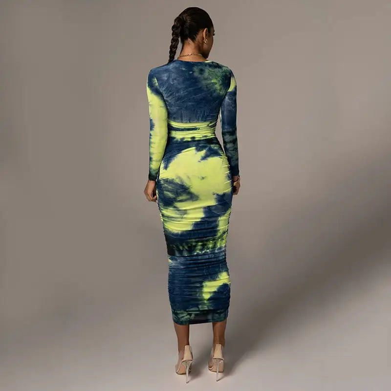 Printed Round Neck Dress Slim Slimming Hip Skirt Women