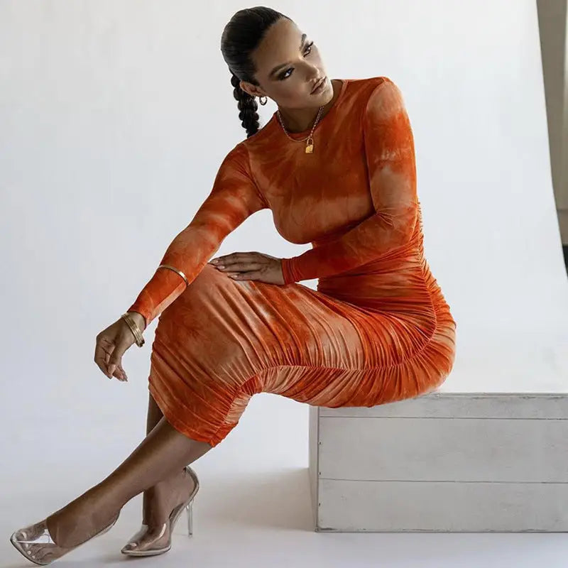 Printed Round Neck Dress Slim Slimming Hip Skirt Women - Orange / S