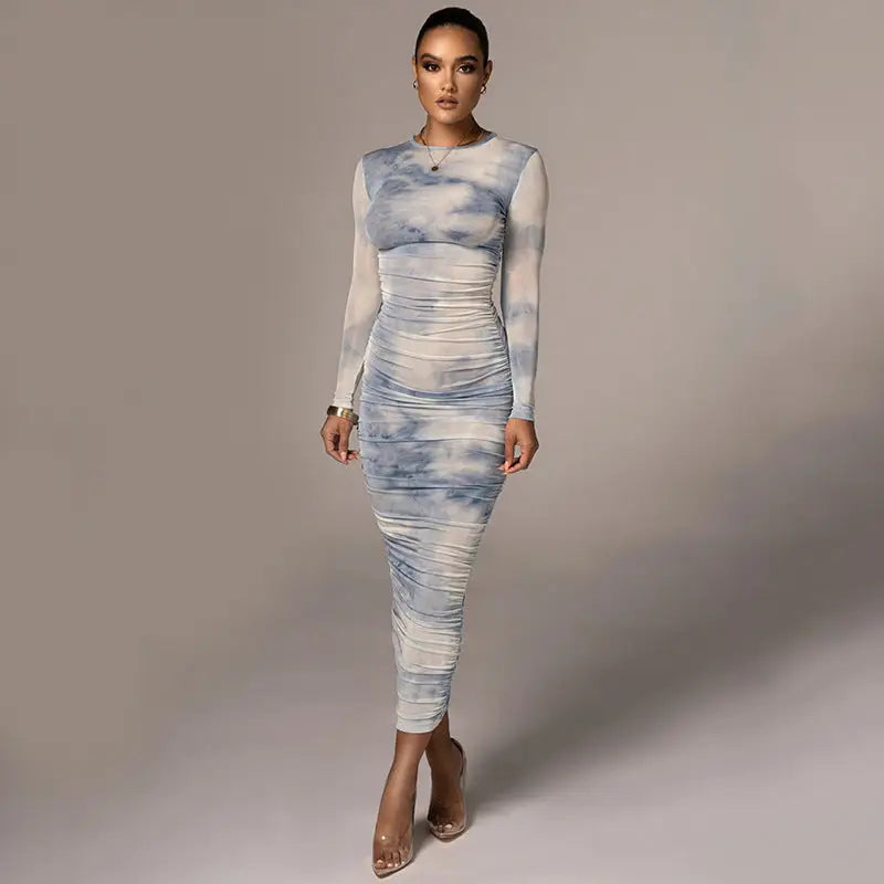 Printed Round Neck Dress Slim Slimming Hip Skirt Women - White / L