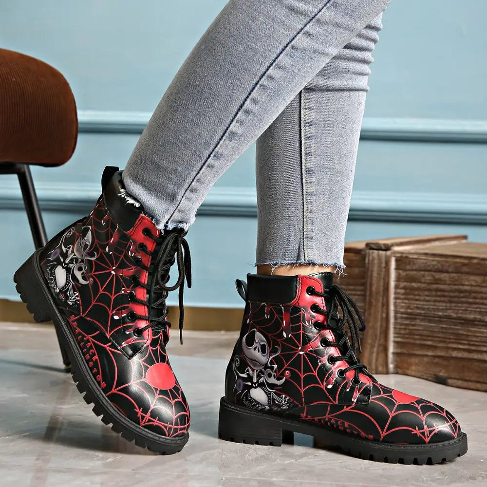 Printed short boots for women round toe thick heel lace up European and American Martin boots