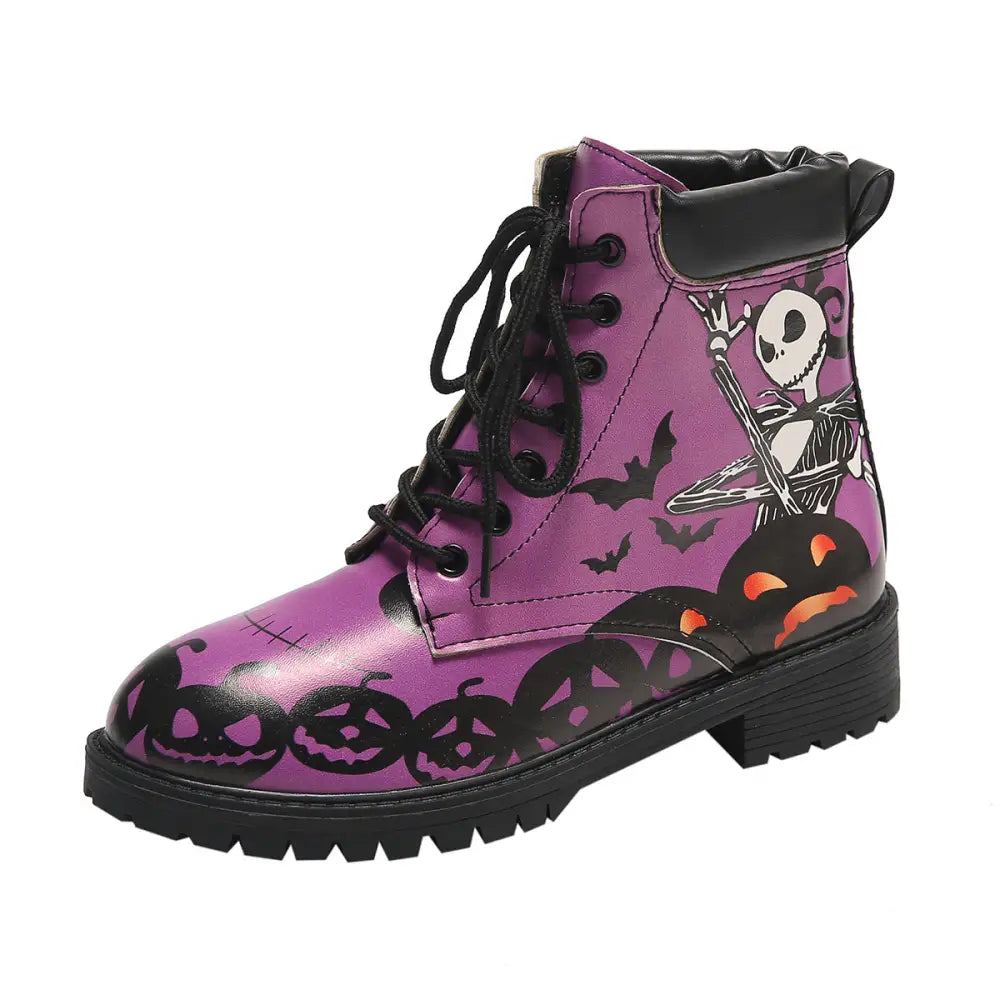 Printed short boots for women round toe thick heel lace up European and American Martin boots
