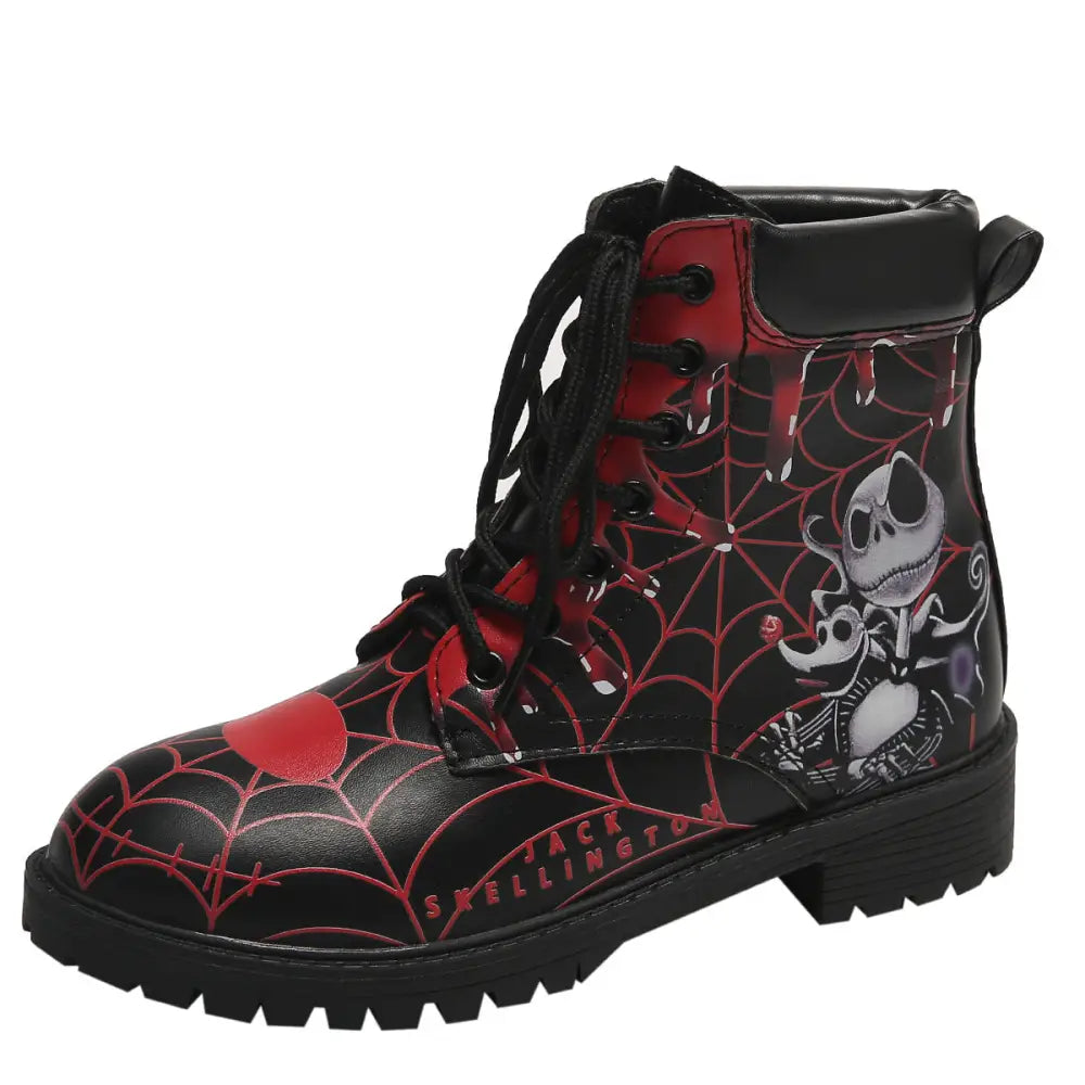 Printed short boots for women round toe thick heel lace up European and American Martin boots - Black Spider / 36