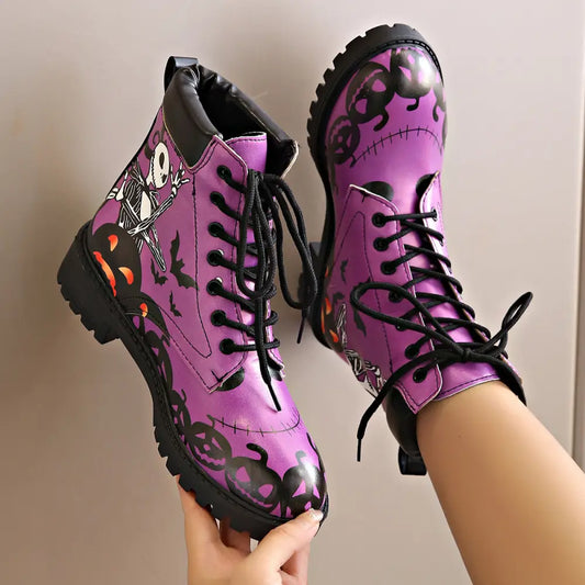 Printed short boots for women round toe thick heel lace up European and American Martin boots