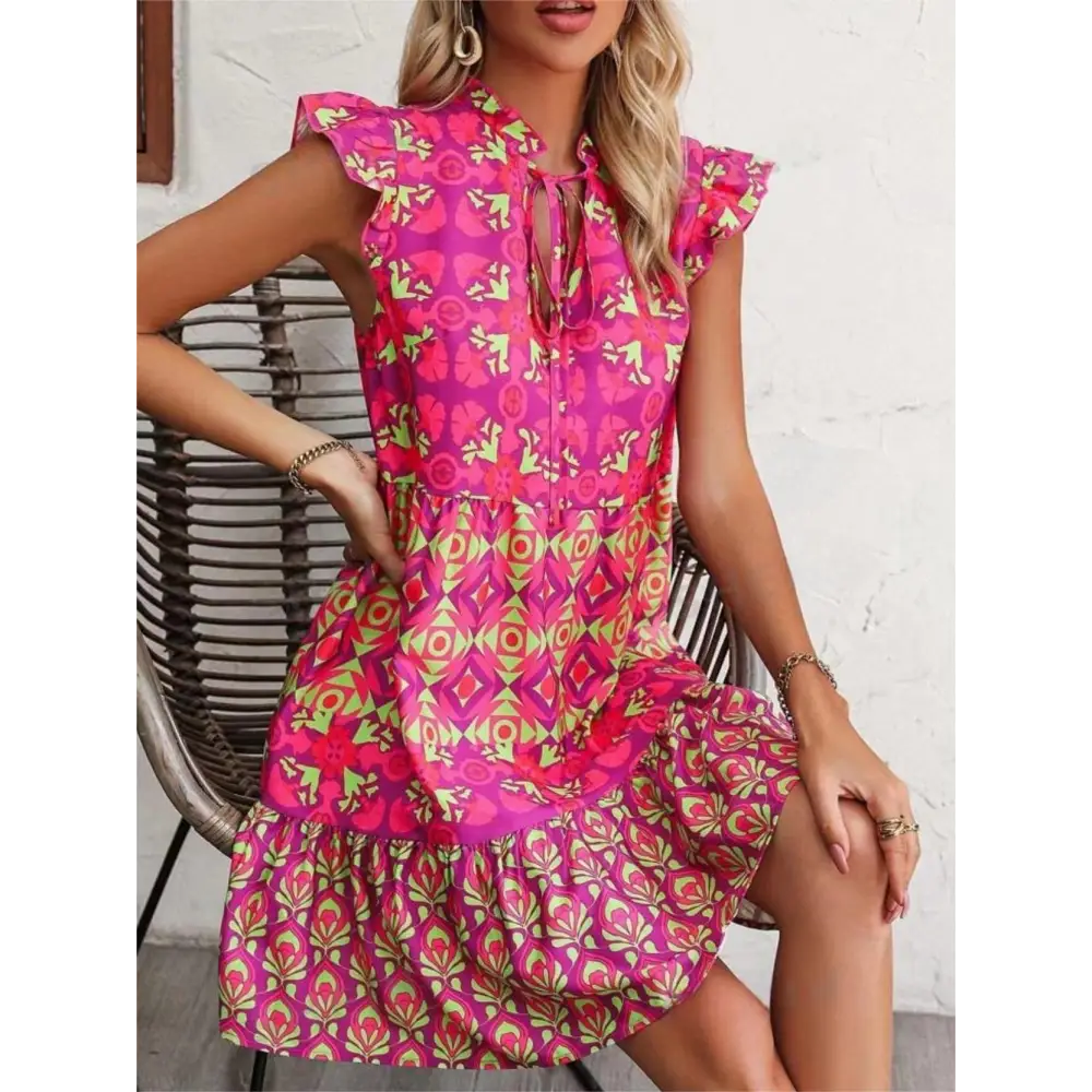 Printed Sleeveless Dress Summer Fashion V-Neck Lace-up Straight Dresses For Womens Clothing Beyond Trends Hub