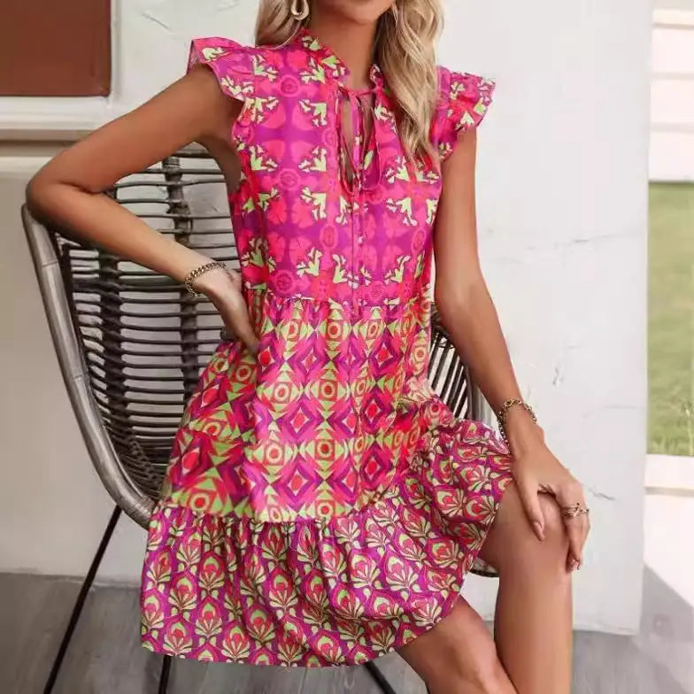 Printed Sleeveless Dress Summer Fashion V-Neck Lace-up Straight Dresses For Womens Clothing Beyond Trends Hub
