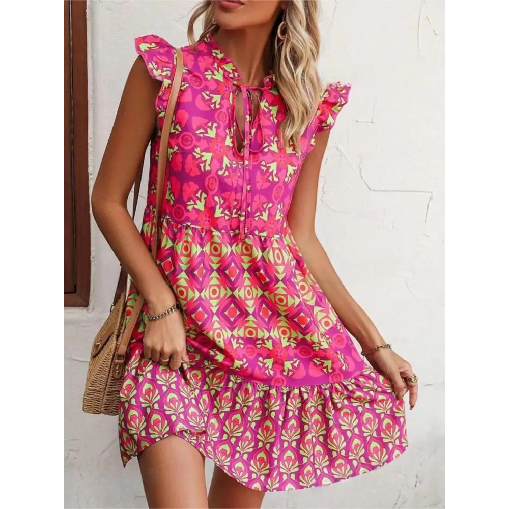 Printed Sleeveless Dress Summer Fashion V-Neck Lace-up Straight Dresses For Womens Clothing Beyond Trends Hub