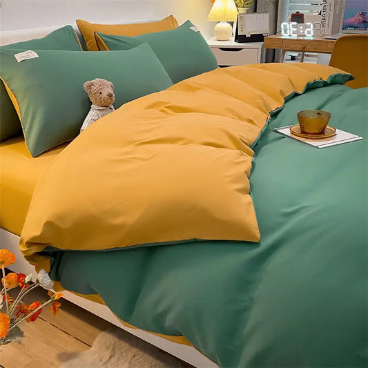 Pure Color Washed Cotton Four-piece Set Of Plaid Striped Sheets Quilt Cover Bedding - Beyond Trends Hub 