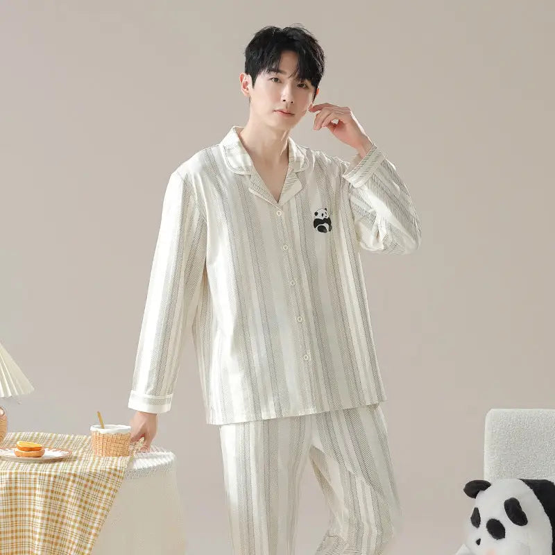 Pure cotton couple pajamas women’s spring and autumn men’s home suit set - 5S2655- Men’s Edition / L