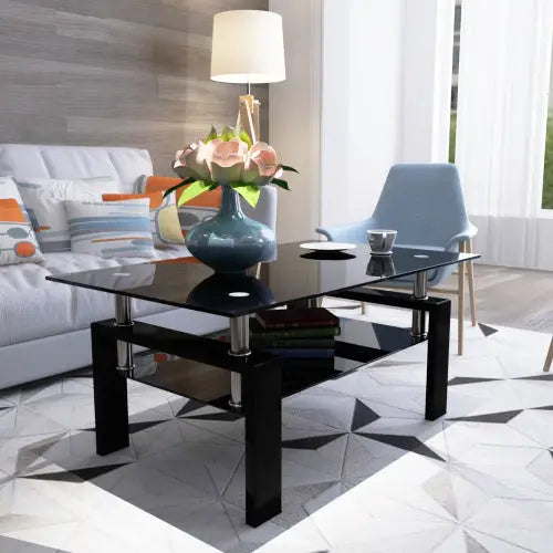 Rectangular Black Glass Coffee Table - Black - 5