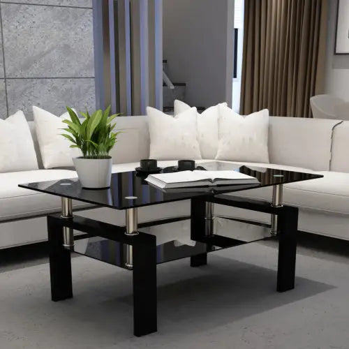 Rectangular Black Glass Coffee Table - Black - 5