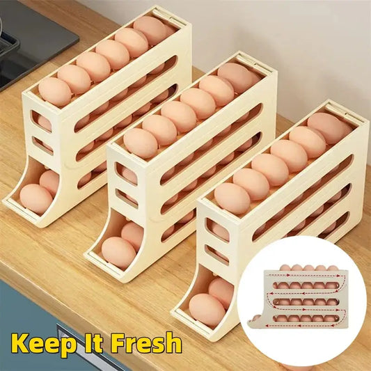 Refrigerator 4-Layer Automatic Egg Roller Sliding Egg Tray Refrigerator Side Door Large Capacity Holder Egg Storage Box Kitchen Gadgets Beyond Trends Hub