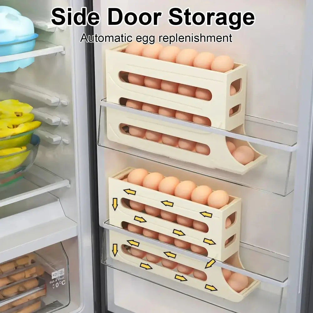 Refrigerator 4-Layer Automatic Egg Roller Sliding Egg Tray Refrigerator Side Door Large Capacity Holder Egg Storage Box Kitchen Gadgets Beyond Trends Hub