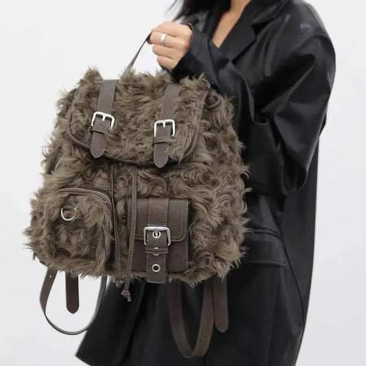 Retro Backpack Bags Plush Large Capacity Bag - Brown / 30x14x30