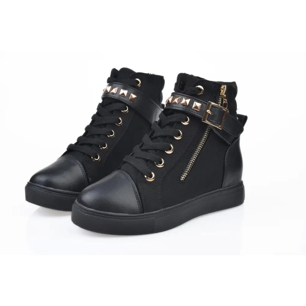 Riveted Canvas Shoes Middle Side Platform Shoes - Black / 35