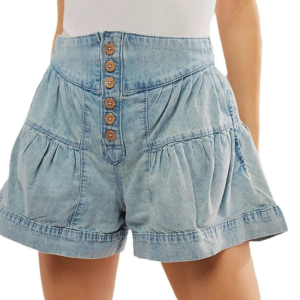 Ruffled Denim Shorts Women's Elastic Pocket Beyond Trends Hub