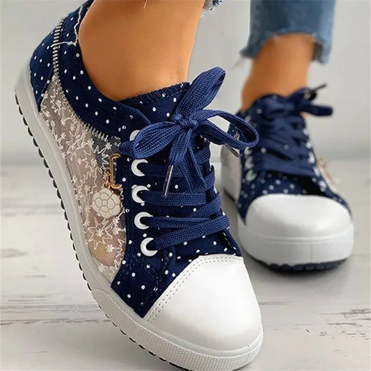 Season European and American Solid Color Canvas Shoes Flat Lace-up Mesh - Dark Blue / 35