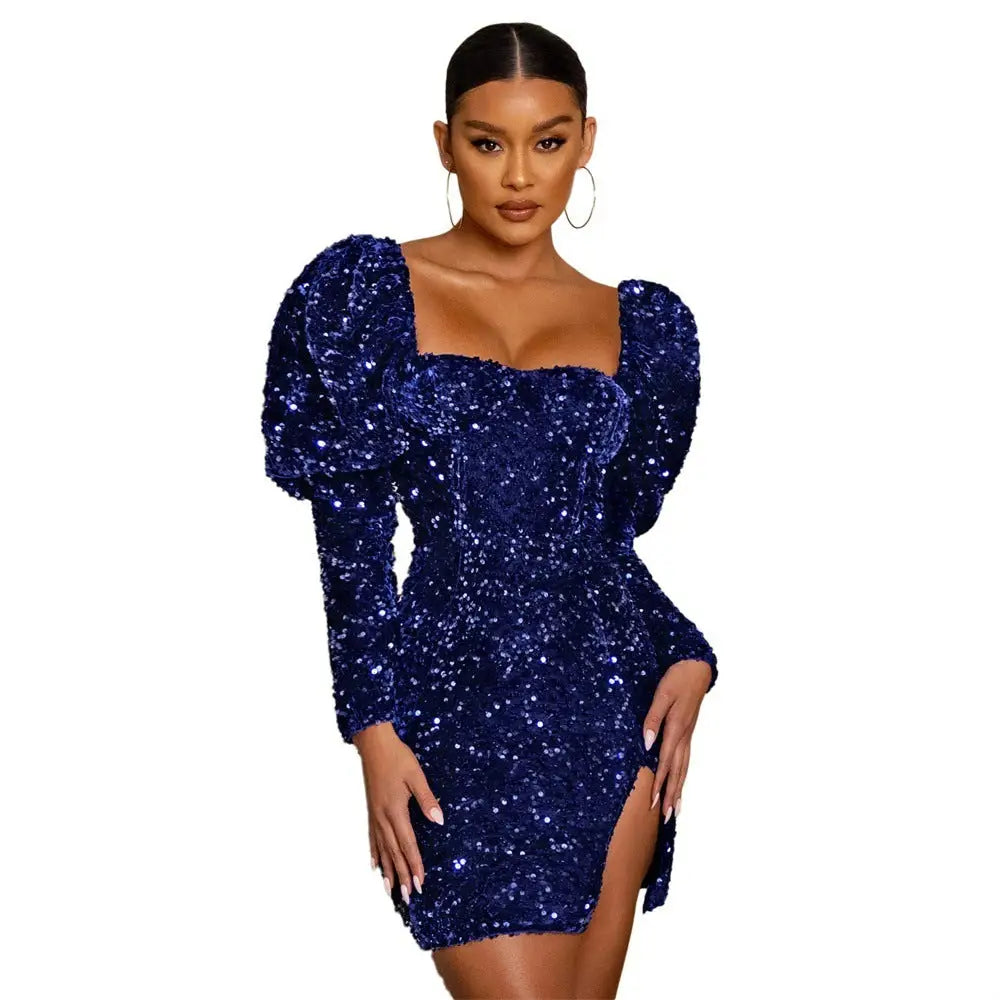 Sequin Backless Padded Shoulder Bubble Sleeve Party Dresses For Women - Blue / S