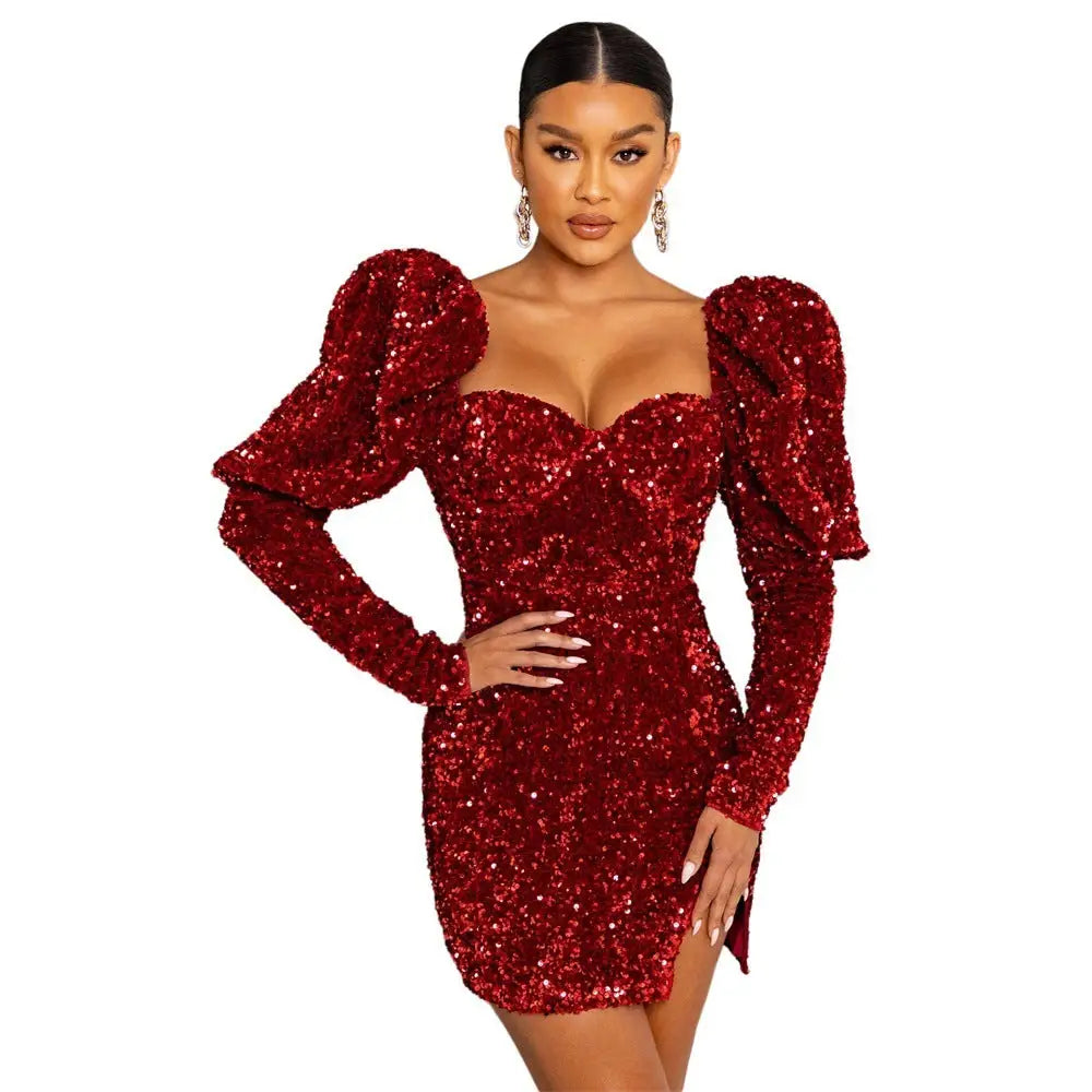 Sequin Backless Padded Shoulder Bubble Sleeve Party Dresses For Women - Red / S