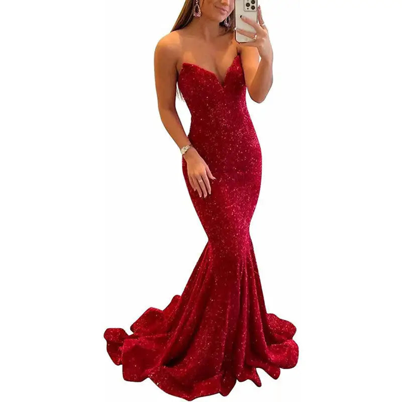 Sequin Evening Dresses For Women Formal Long Prom Party Gowns - Red / Size10