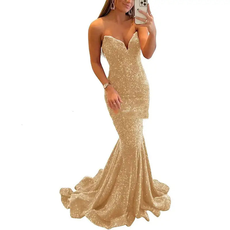Sequin Evening Dresses For Women Formal Sexy Long Prom Party Gowns - Champagne / Size 10