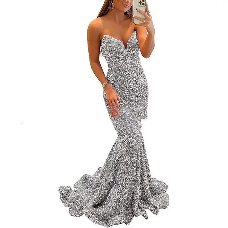 Sequin Evening Dresses For Women Formal Sexy Long Prom Party Gowns - Silver / Size 10