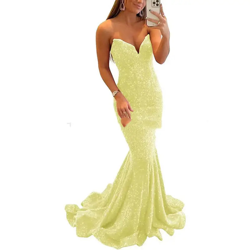 Sequin Evening Dresses For Women Formal Sexy Long Prom Party Gowns - Yellow / Size 10