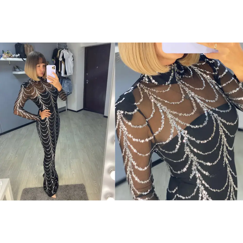 Sequins Women Maxi Dresses Long Sleeve Female Party Dresses