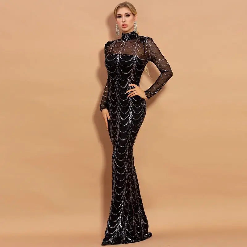 Sequins Women Maxi Dresses Long Sleeve Female Party Dresses - Black / L