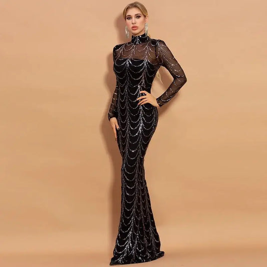 Sequins Women Maxi Dresses Long Sleeve Female Party Dresses - Black / L