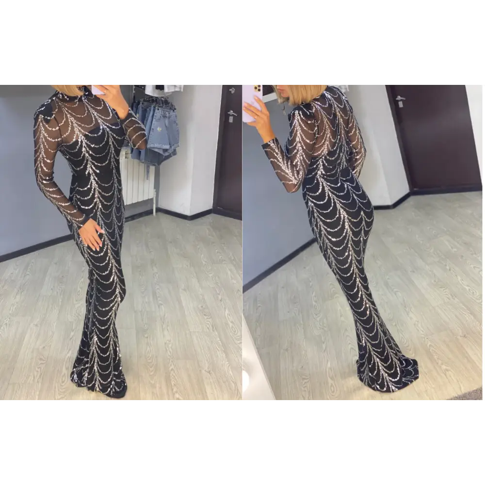 Sequins Women Maxi Dresses Long Sleeve Female Party Dresses