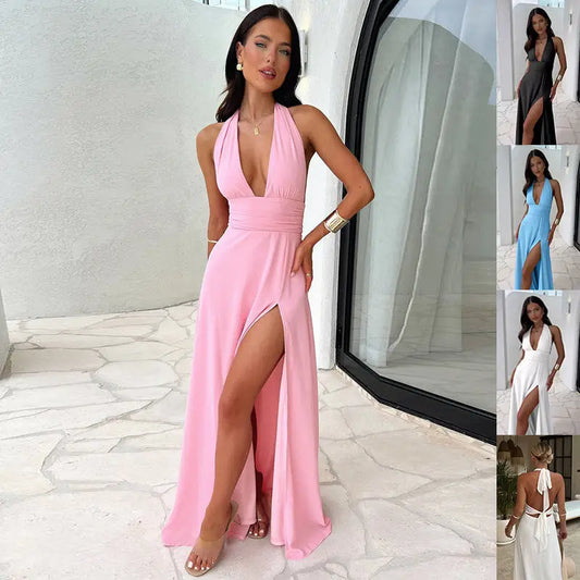 Sexy Halterneck V-neck Slit Dress Summer Backless Strappy Skirt Fashion Temperament Clothing Women Beyond Trends Hub