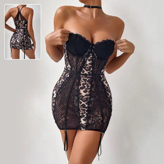 Sexy Leopard Lace Tube Top Dress Ins Fashion Corset A-line Short Dresses For Women Clothing - 4