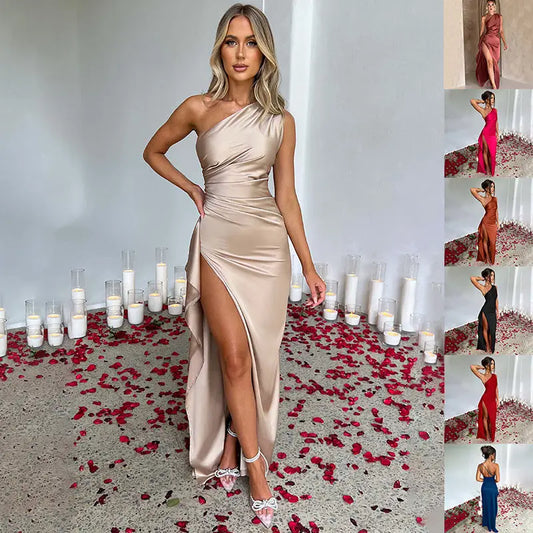 Sexy One-shoulder Backless Slit Dress Summer Elegant Slim-fit Solid Color Satin Dresses For Women Beyond Trends Hub