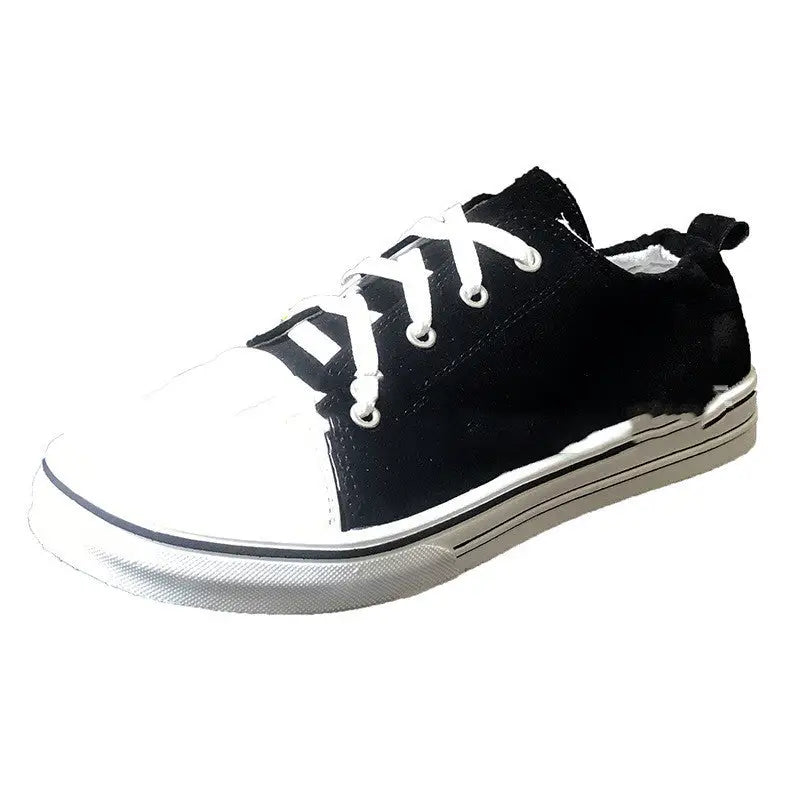 Shallow Mouth Flat Heel Sneakers Sneakers Lace Up Platform Wrinkle Heel Canvas Shoes - Black / 35