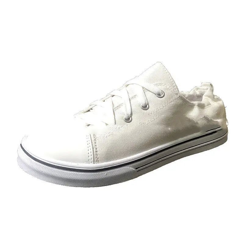 Shallow Mouth Flat Heel Sneakers Sneakers Lace Up Platform Wrinkle Heel Canvas Shoes - White / 35