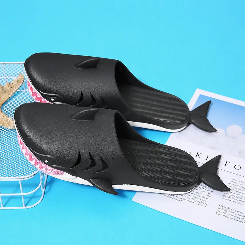 Shark Slippers Beach Shoes Home Flat Slippers Women Men - Black / 36to37 - 4