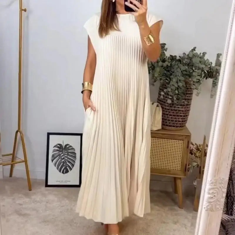 Short Sleeve Pleated Long Dress Summer Round Neck Dress Women's Clothing Beyond Trends Hub