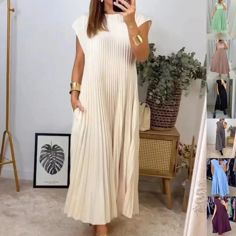 Short Sleeve Pleated Long Dress Summer Round Neck Dress Women's Clothing Beyond Trends Hub