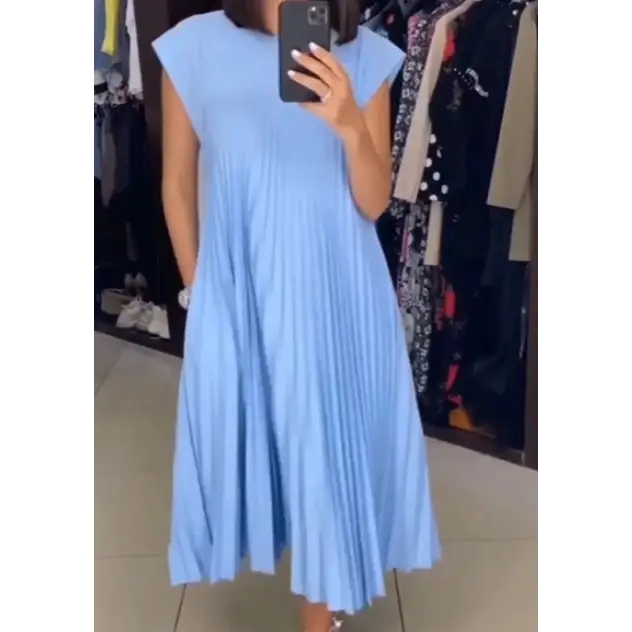 Short Sleeve Pleated Long Dress Summer Round Neck Dress Women's Clothing Beyond Trends Hub
