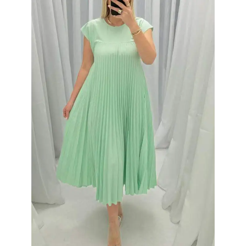 Short Sleeve Pleated Long Dress Summer Round Neck Dress Women's Clothing Beyond Trends Hub