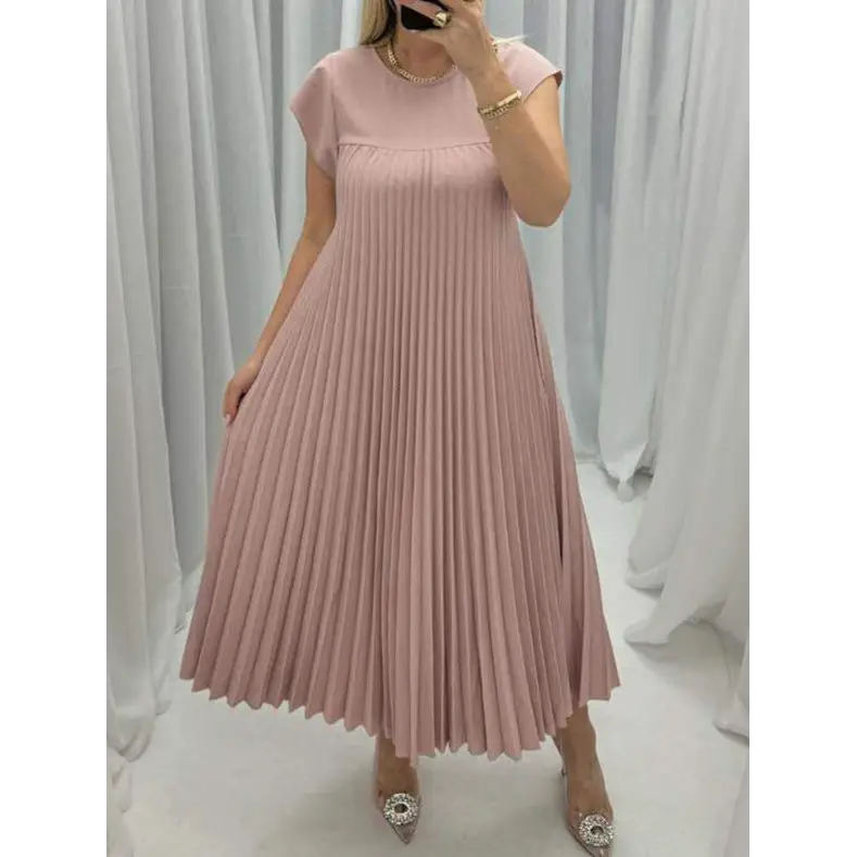 Short Sleeve Pleated Long Dress Summer Round Neck Dress Women's Clothing Beyond Trends Hub